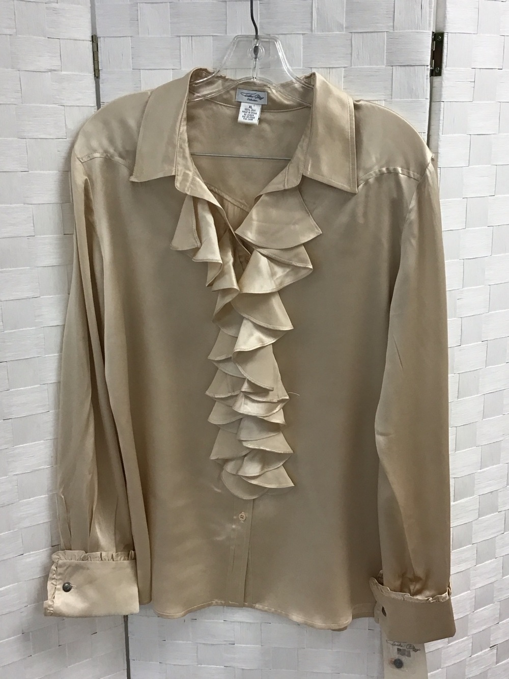 Tasha Polizzi Champagne Satin Ruffle Front Blouse
